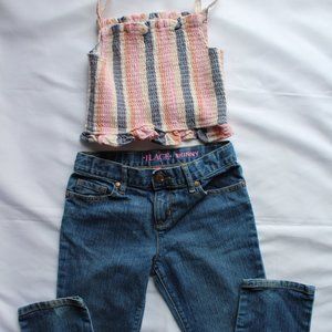 Children's Place Girls 10 Skinny Blue Denim Pants, Rare Editions Smocked Top ~8~